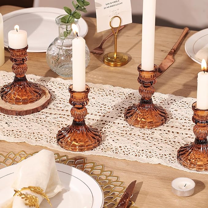 12PCS Amber Candlestick Holders Set- 4" H Taper Candle Holders, Glass Candle Holders Bulk for Wedding, Party, Fall Home Table Centerpieces, Festival Gifts & Windowsill Decor-Ruum Studio Home