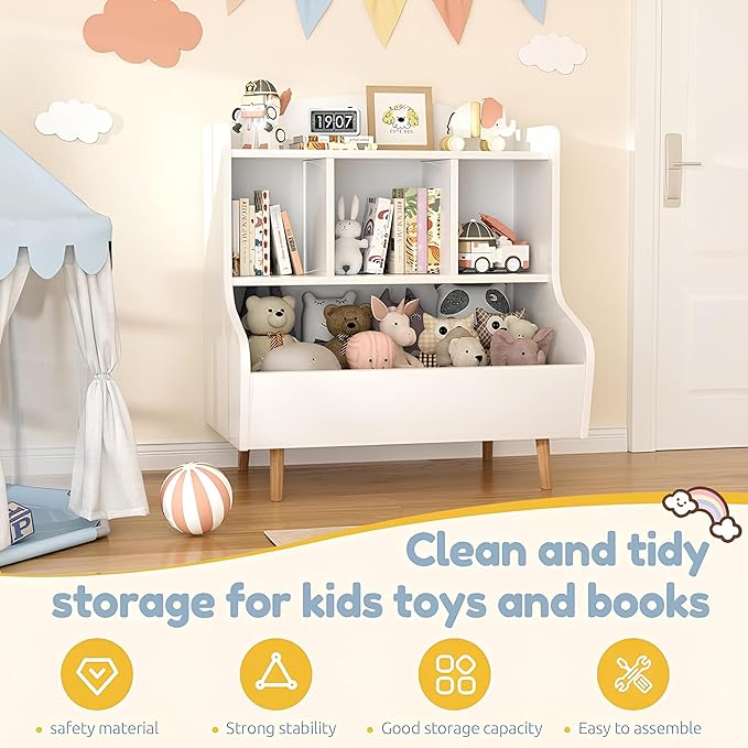 Kids Bookshelf and Toy Storage, 4-Cubby Toy Storage Organizer with Bookcase, Wood Kid Storage Cubby, 24"L x 14"D x 28"H Montessori Toy Shelf, Toddler Book Shelf for Kids Room Nursery Playroom-Ruum Studio Home