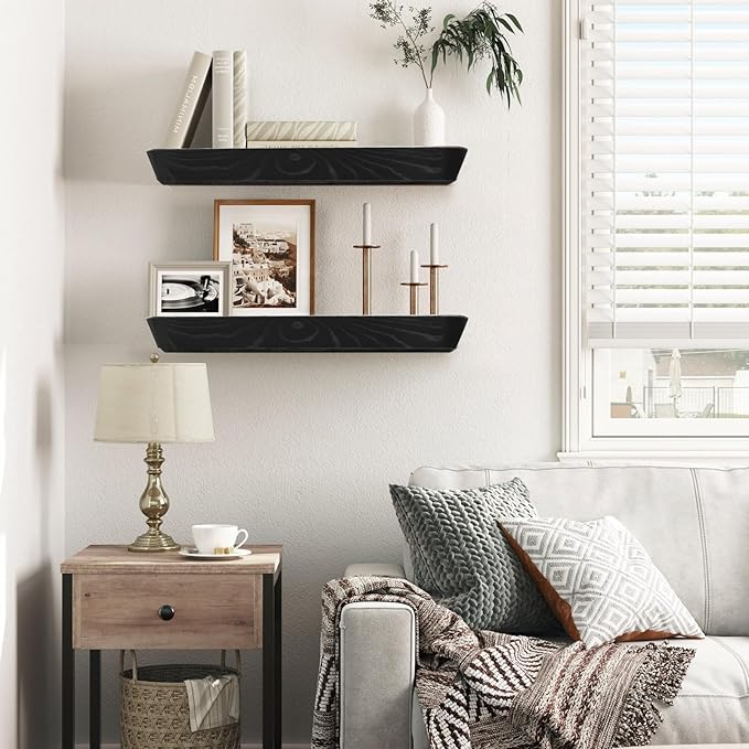 16"x6.8"x1.6" Slanted Floating Wall Shelves 2-Pack - Rustic Black Finish, Heavy-Duty Solid Wood Design with Hidden Brackets - Perfect for Living Room, Kitchen, Bathroom, or Office-Ruum Studio Home