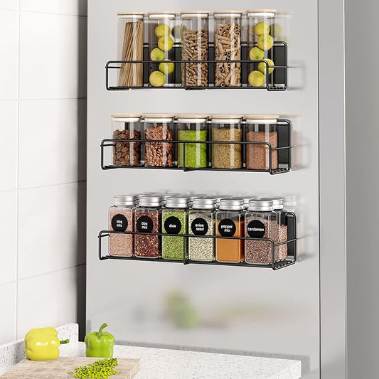 3 Pack Magnetic Spice Rack Organizer, Space Saver for Refrigerator and Whiteboard, Metal Fridge Shelf for Kitchen and Classroom, Black-Ruum Studio Home