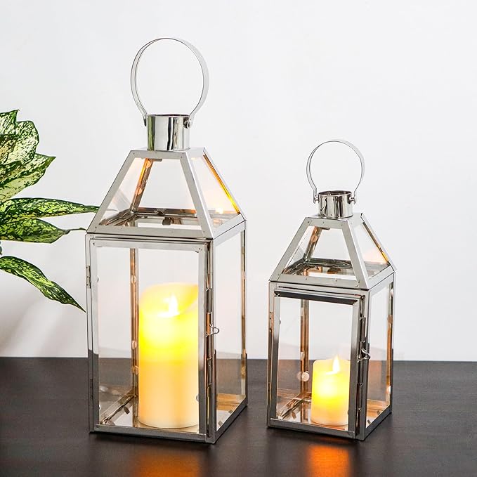 TRIROCKS Set of 2 Stainless Steel Decorative Lanterns 13"&10" H Metal Candle Holders with Tempered Glass for Home Decor Living Room Parties Events Tabletop Indoors Outdoors(Silver)-Ruum Studio Home