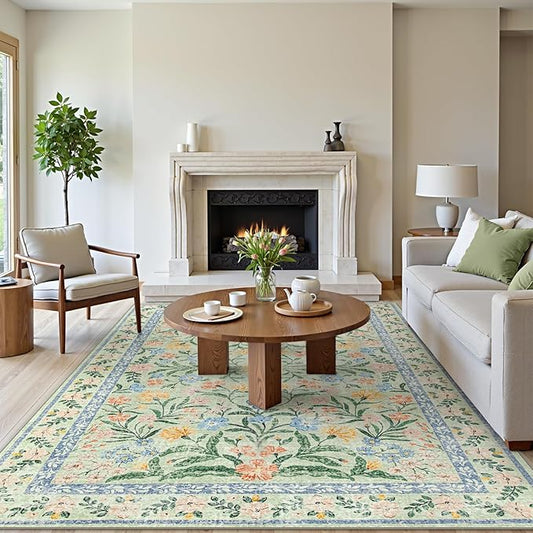 Wonnitar Machine Washable Area Rugs 9x12, Soft Sage Green Floral Rug for Living Room Bedroom, Ultra-Thin Large Foldable Boho Carpets for Playroom Classroom Dining Room-Ruum Studio Home