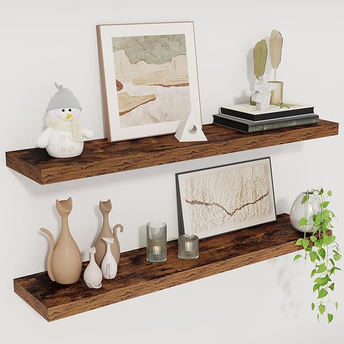 Fun Memories Floating Shelves for Wall, 30" Rustic Wood Deep Wall Mounted Shelves with Invisible Brackets for Decor & Storage, Floating Shelf for Living Room, Bathroom (Rustic Brown, Set of 2)-Ruum Studio Home
