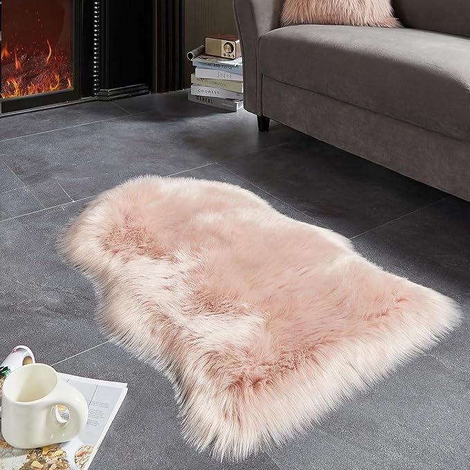 AMTOVO Faux Fur Rug, Pink Small Area Rug, Fluffy Sheepskin Rug, Fuzzy Ultra Soft 2 x 3 ft Shag Rugs for Bedroom Sofa Throw Cushion Room Decor, Sheepskin-Ruum Studio Home