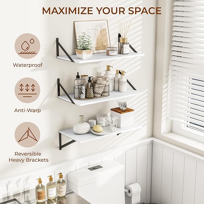 Heimlove 24" W x 12" D Wall Shelves for Books, 12 Inch Deep Floating Shelves Set of 3, Wide Floating Bookshelf with Metal Bracket for Living Room, Kitchen, Office, Bedroom and Decor Storage - White-Ruum Studio Home
