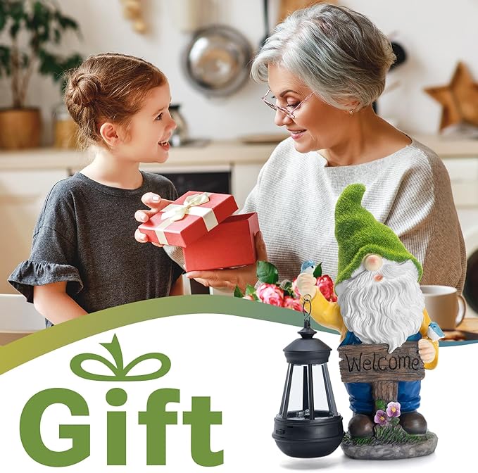 Garden Gnome Outdoor Statues with Solar Lights,Resin Flocked Solar Gnome Statue Holding Lantern,Outdoor Gnomes Decorations for Garden, Patio Gnome Gifts for Mom-Ruum Studio Home