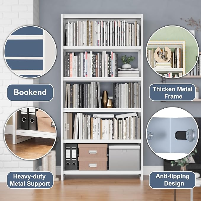 69" Tall Bookcase, 5-Tier Wide Bookshelf, Library Book Case with Display Shelf, Lightweight Metal Bookshelves, Industrial Book Shelf for Home, Office, Library, and School (White)-Ruum Studio Home