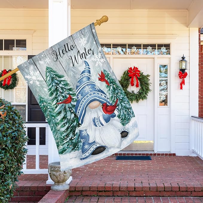 Heyfibro Hello Winter Gnome Garden Flag 28x40 Double Sided Burlap Cardinals Snowflakes Snow Yard Banner for Christmas Seasonal Outside Outdoor House Decoration (ONLY FLAG)-Ruum Studio Home