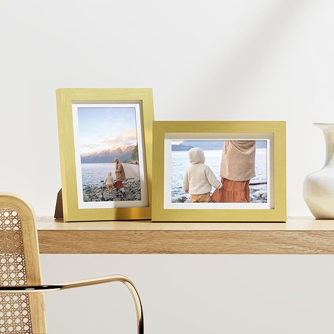 Vittanly 5x7 Picture Frames Set of 9, Shatter Resistant Plexiglass, Display 4x6 Pictures with Mat or 5x7 without Mat, Photo Frames for Wall or Tabletop, Engineered Wood, Gold-Ruum Studio Home