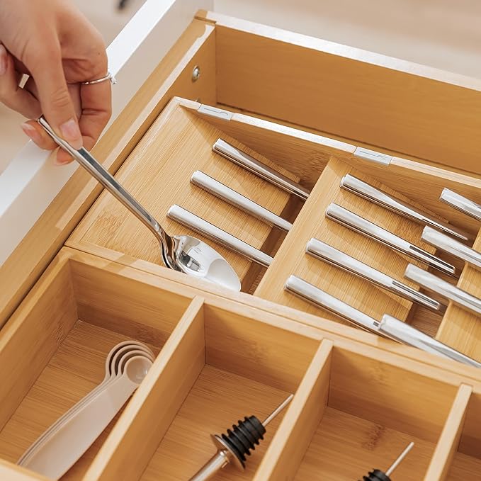 Premium Cutlery, Flatware, and Silverware Drawer Organizer – Slanted 3-Compartment Design with Labeled Slots, Non-Slip Feet, 100% Sustainable Bamboo-Ruum Studio Home