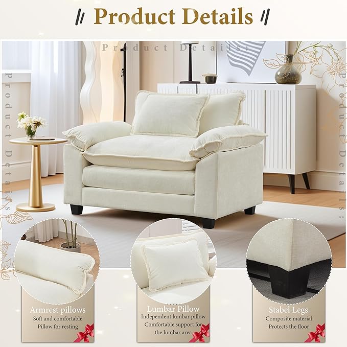 URRED Modular Sectional Sofa Comfy Cloud Couch, Modern Chenille Sofa Sleeper Deep Seat Couches with Ottoman/Pillows for Living Room (White, 53'')-Ruum Studio Home