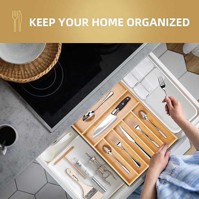 Silverware Organizer Kitchen Drawer Organizer Utensil Organizer Bamboo Silverware Holder Cutlery Organizer in Drawer Flatware Organizer Tray(7 slots, Natural-Ruum Studio Home