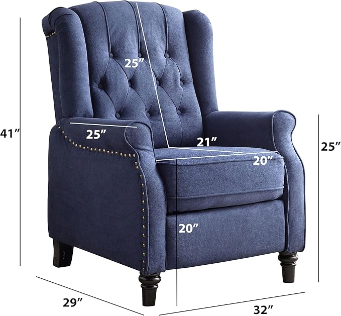 EBELLO 2 Pcs Pushback Recliner Chairs, Fabric Armchair Push Back Recliner with Rivet Decoration, Single Sofa Accent Chair for Living Room, Bedroom, Blue-Ruum Studio Home