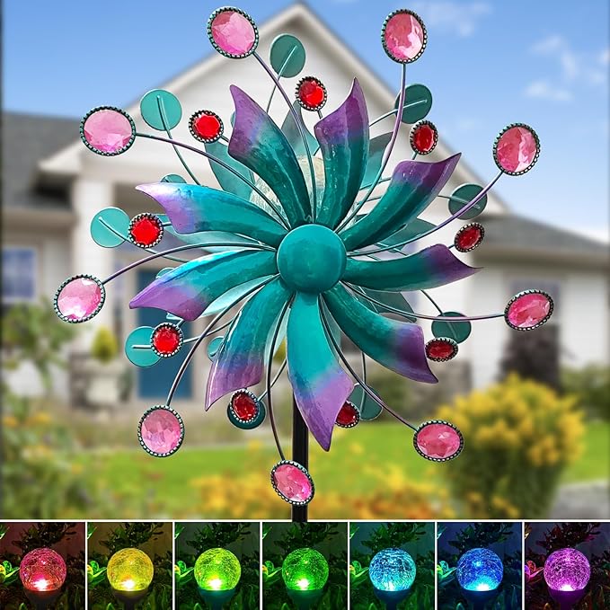 360°Solar Wind Spinner with Lights Blue Metal Garden Outdoor Decor Yard Lawn Art Decor for Patio Kinetic Windmills Unique Gifts for Friends and Family 60.63'' H x 13.38'' Dia-Ruum Studio Home
