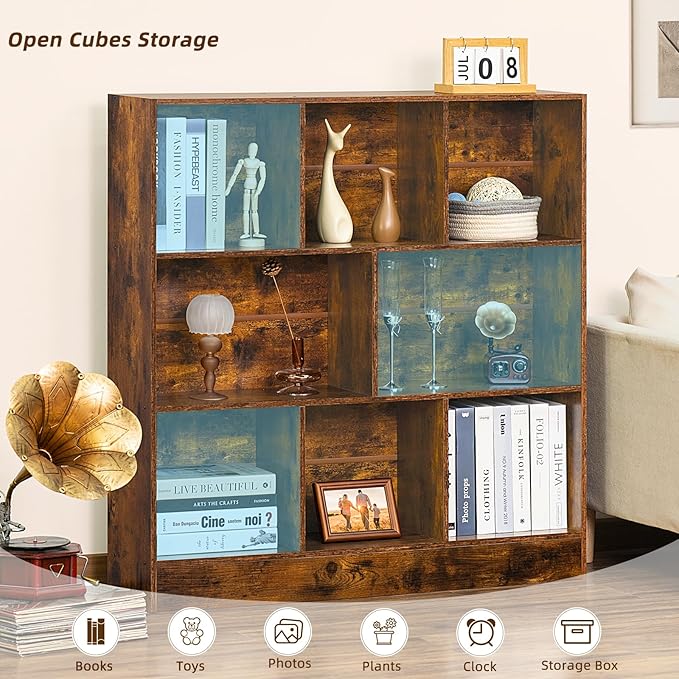 LEYAOYAO 8 Cube Bookshelf with Wood Base, Brown 3 Tier Mid-Century Modern Bookcase,Standing Wide Bookshelves Storage Organizer Shelf,Rustic Display Cabinet Book Shelves for Bedroom,Living Room,Office-Ruum Studio Home
