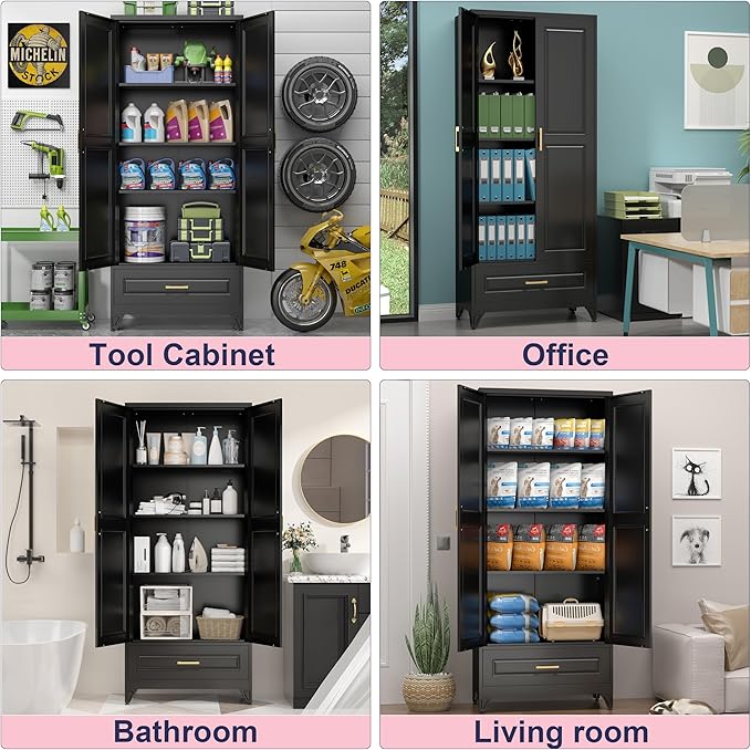 Pantry Kitchen Cabinet with Drawer, 75" Tall Pantry Storage Cabinet, Metal Storage Cabinets with Doors and Shelves, Large Freestanding Cupboard for Dining Room, Assembly Required, Black-Ruum Studio Home