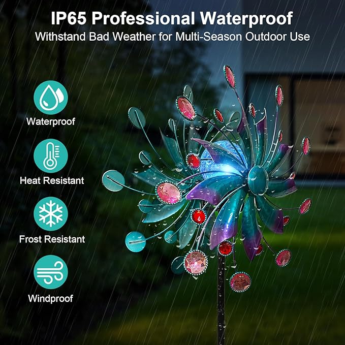 360°Solar Wind Spinner with Lights Blue Metal Garden Outdoor Decor Yard Lawn Art Decor for Patio Kinetic Windmills Unique Gifts for Friends and Family 60.63'' H x 13.38'' Dia-Ruum Studio Home
