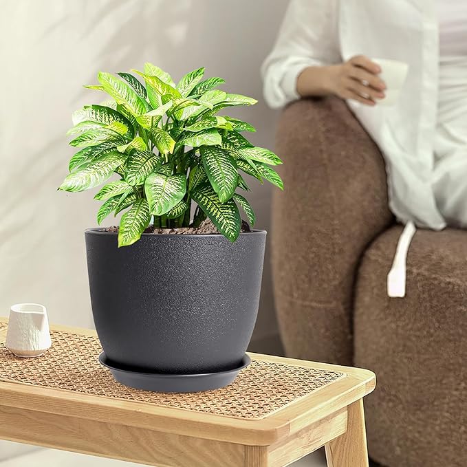 10/9/8 inch Medium Plant Pots, 3 Pack Modern Decorative Plastic Planters with Drainage Holes and Saucers, Flower Pots for Indoor Outdoor Plants, Black-Ruum Studio Home