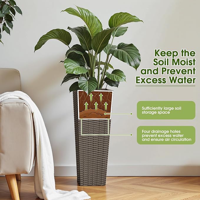 Devoko Resin Tall Planters for Outdoor Plants Set of 2, Large Taper Outdoor Planter Pots with 4 Drainage Holes, Flower Pots Modern Decor for Porch, Patio, Backyard, Home Garden (Brown, 24")-Ruum Studio Home