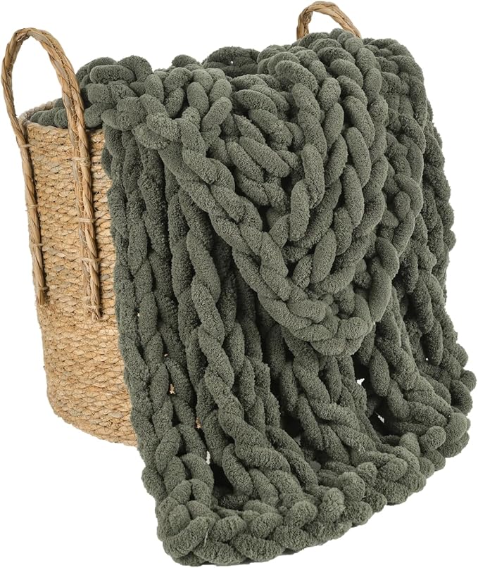 Esterra Chunky Knit Blanket Throw, 100% Handmade Chenille Throw Blanket 40"x50", Soft Thick Yarn Cable Knit Crochet Throw Blanket Rope Knot Throw for Couch Bed Sofa, Dusty Olive-Ruum Studio Home
