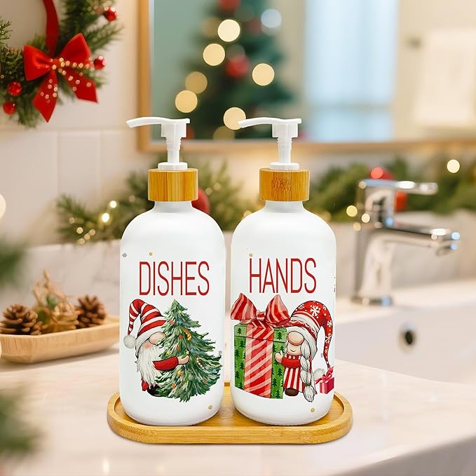 Hexagram Christmas Soap Dispenser Set of 2, Christmas Kitchen Decor, Xmas Gnomes Glass Soap Dispenser for Home Indoor Decorations, Xmas Refillable Lotion Essential Oil Dispensers with Pump-Ruum Studio Home