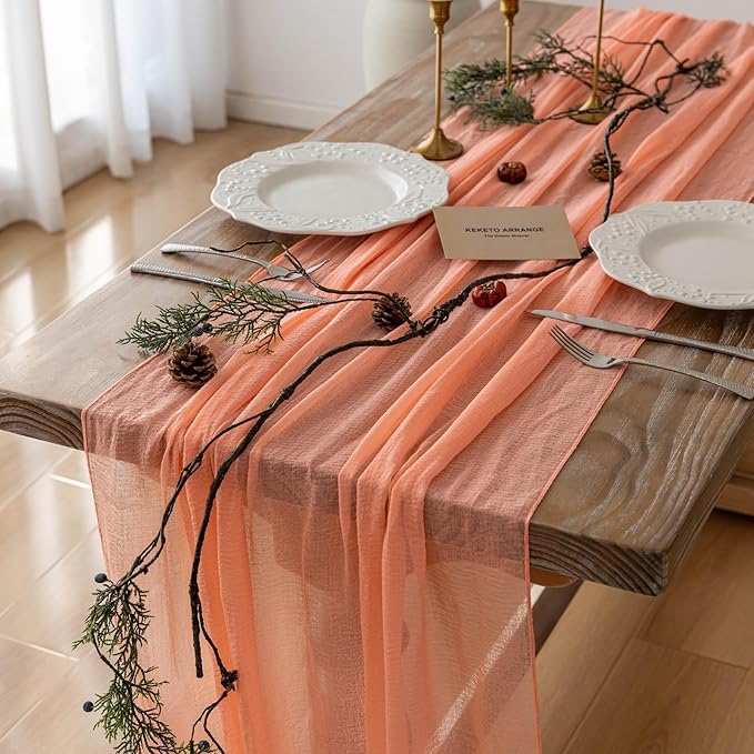 Fresh Salmon Cheesecloth Table Runner Peach Echo Gauze 120 Inch 10 FT Boho Cheese Cloth Table Runner for Wedding Baby Shower Bridal Shower Party Sheer Centerpiece Home Decorations-Ruum Studio Home