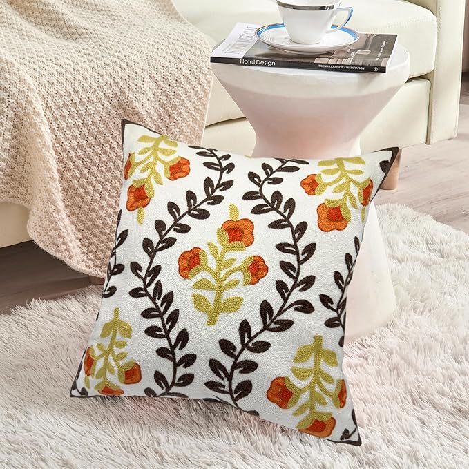 Alysheer Floral Embroidered Fall Decorative Throw Pillow Cover 18"x 18", Farmhouse Cottage Orange Flowers Brown Leaves Knit Pattern Cotton Canvas Cushion Case for Sofa Couch Bed Living Room Decor-Ruum Studio Home