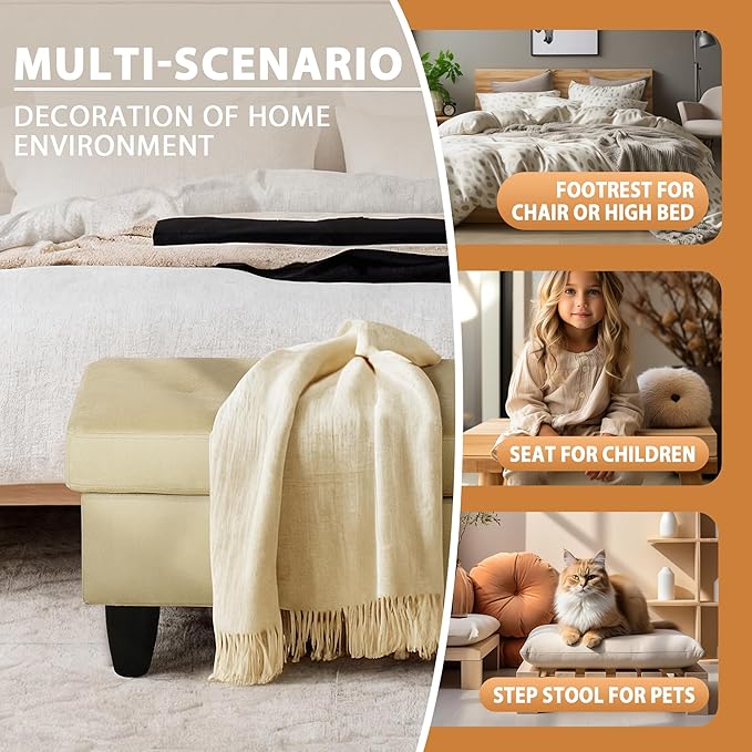 Ottoman Rectangular Storage Ottoman Bench, Flannel Footrest Stool Footstool with Lid for Living Room, Bedroom, Entryway, Light Brown, 28.5"x19"x17.5"-Ruum Studio Home