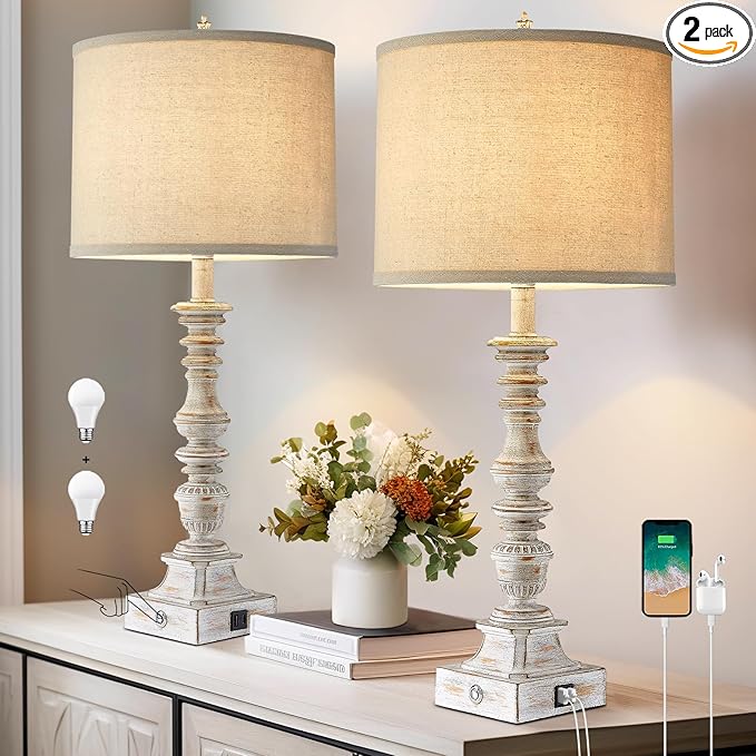 Farmhouse Table Lamps for Bedroom Set of 2 Vintage 3-Way Dimmable Touch Control Nightstand Lamps, Bedside Lamps for Living Room, Traditional Nightstand Lamp End Table lamps 28.5" (Bulbs Included)-Ruum Studio Home