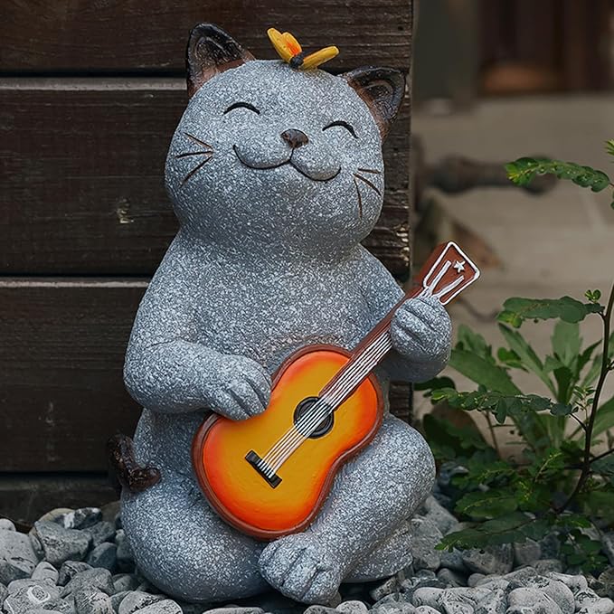 Cat Garden Statue Outdoor Decor, Cat Sculpture with Guitar and Butterfly for Yard Lawn Patio Balcony, Birthday Housewarming Gifts for Mom, Grandma, Women, 8.8 inch, Resin-Ruum Studio Home