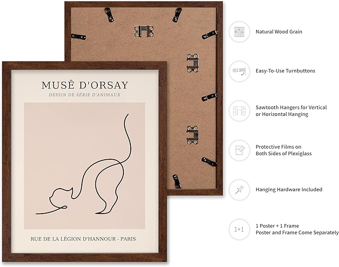 Poster Master Vintage Poster - Retro One Line Cat Drawing Print - Cat Art - Minimal Gift for Men, Women, Animal Lover - Abstract Wall Decor for Home, Office, Bedroom, 11x14 Brown Framed-Ruum Studio Home
