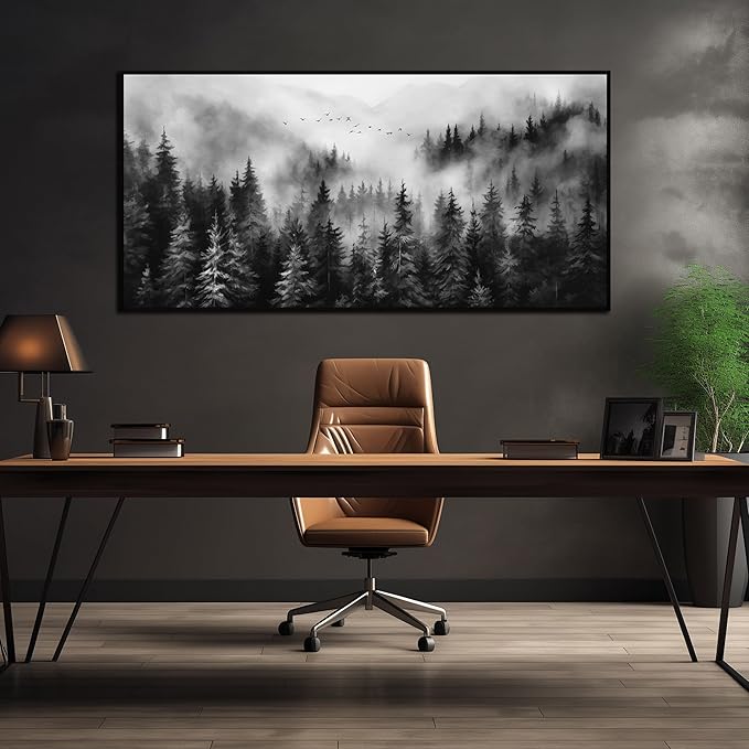 Foggy Forest Wall Art for Living Room Black and White Pictures for Wall Home Office Wall Decor with Black Frame 29 x 58 Inch-Ruum Studio Home