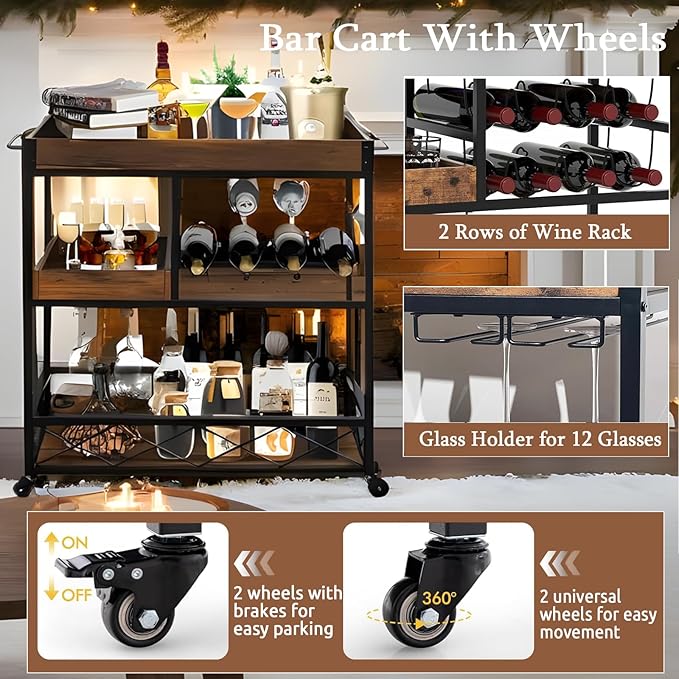 Vintage Bar Cart with Removable Tray and Wheels, Mobile Home Bar Serving Cart with Wine Rack, Glass Holder and Storage Shelves, 3-Tier Rolling Beverage Cart for Home or Patio-Ruum Studio Home