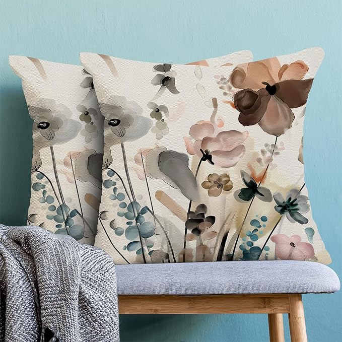 CXMEIFLY Spring Floral Pillow Covers 18 x 18 Inch Set of 2 for Watercolor Flowers Decor Throw Pillows Teal Brown Leaves Plant Floral Outdoor Decorative Cushion Cases for Couch Bed Decorations-Ruum Studio Home