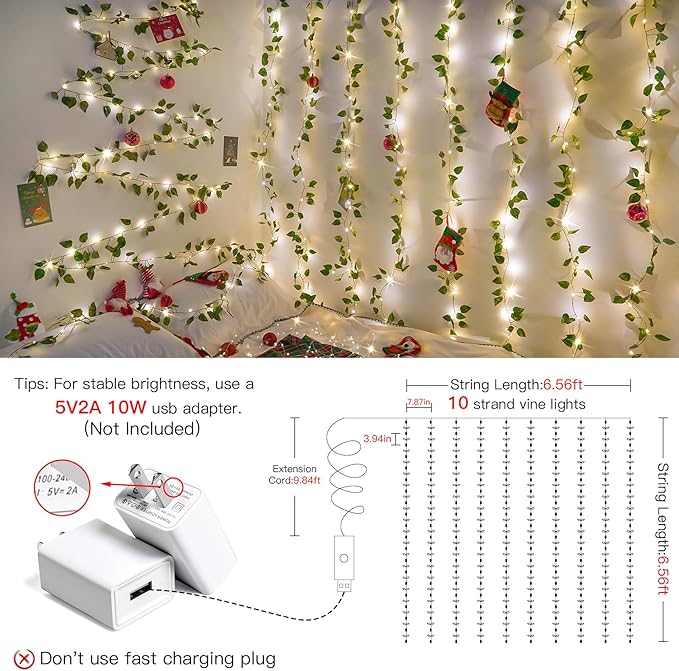 suddus Vines with Lights, 200 LED Fairy Lights with Vines, Pothos Curtain String Lights with Remote for Bedroom, Dorm, Wedding, Party, Wall, Indoor, Outdoor Decor, 6.5ft x 6.5ft-Ruum Studio Home