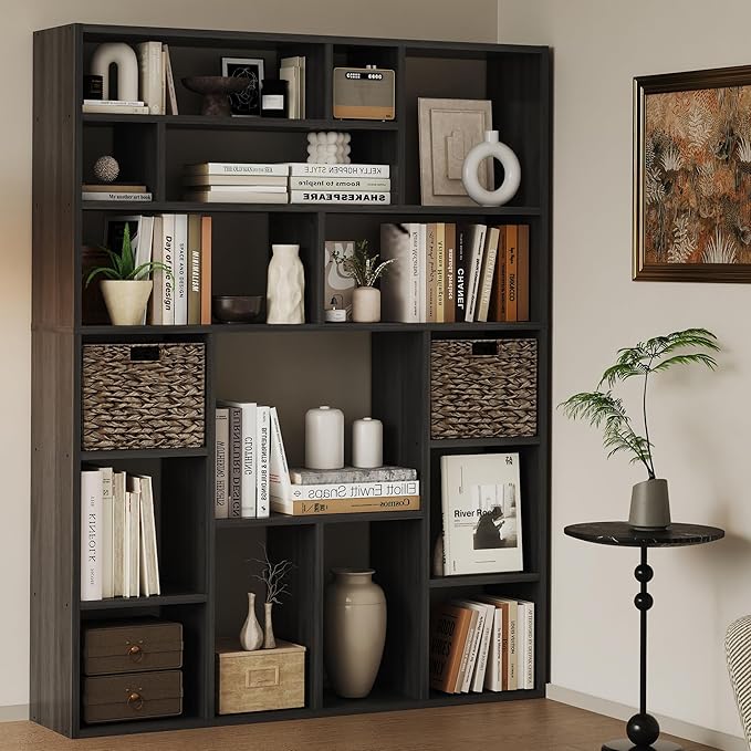 71” Tall Open Black Bookcase with Baskets, Free-Standing 6-Tier Wooden Display Storage Bookshelves with 16 Irregular Cubes for Living Room, Home Decor-Ruum Studio Home