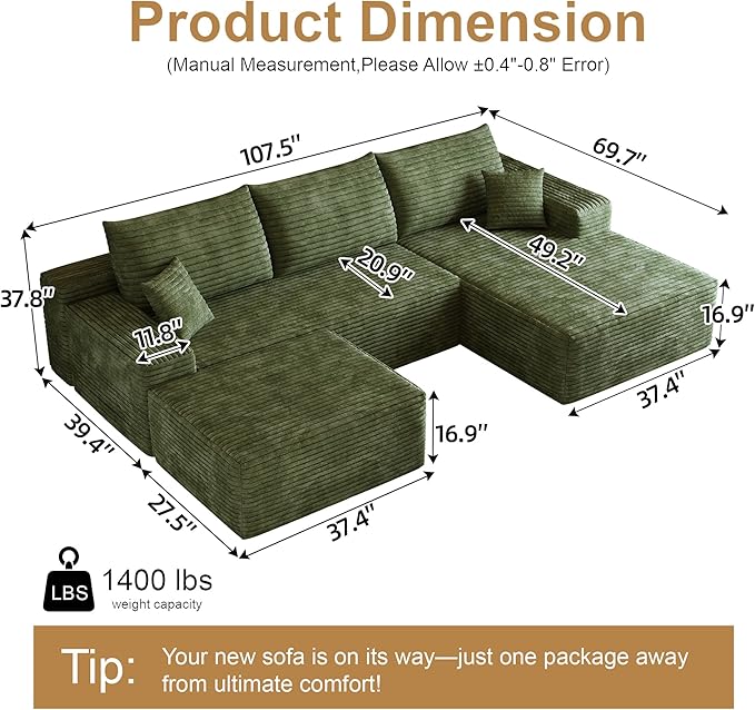 108" Sectional Couches for Living Room Modern Modular Sofa with L-Shape Couchs Upholstered Boneless Couch Deep Seat Sectional Couch with Chaise (Green, Right Facing Chaise+2Seaters+1Ottoman)-Ruum Studio Home