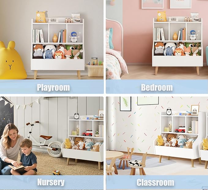 Kids Bookshelf and Toy Storage, 4-Cubby Toy Storage Organizer with Bookcase, Wood Kid Storage Cubby, 24"L x 14"D x 28"H Montessori Toy Shelf, Toddler Book Shelf for Kids Room Nursery Playroom-Ruum Studio Home