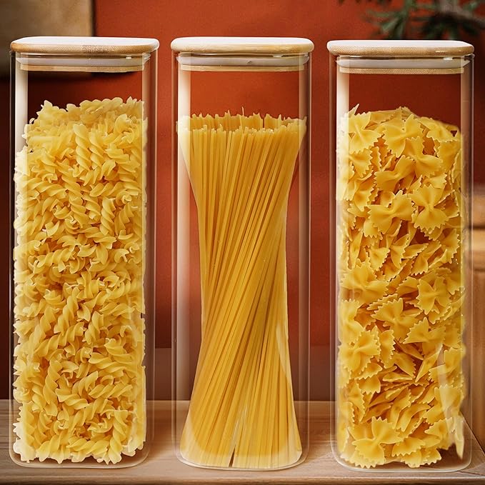 Square Glass Jars with Bamboo Lids 79 FL OZ [Set of 3], Glass Canisters with Airtight Lid, Glass Food Storage Containers for Spaghetti, Fettuccine, Linguine,Pasta, Best for Kitchen & Pantry-Ruum Studio Home