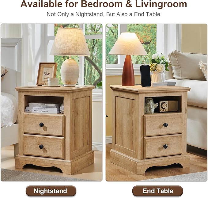 T4TREAM Nightstand with Charging Station, 18 Inch Vintage End Table with 2 Drawers, Wood Rustic Sofa Side Table with Open Storage Shelf for Bedroom, Living Room, Natural Oak-Ruum Studio Home