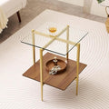 Glass End Table, Mid-Century Modern Design Sofa Table, for Living Room, 2-Tier Structure, Clear Glass Top and Walnut MDF Shelf, Sleek Conical Metal Legs with Gold Finish Frame-Ruum Studio Home