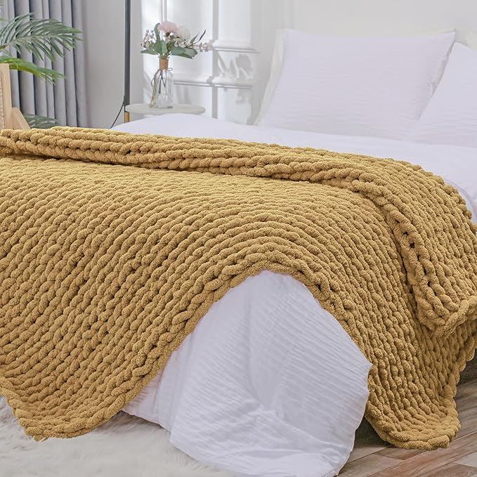 Bigacogo Chunky Knit Throw Blanket for Couch, 51x63 inches, 100% Hand Knitted with Thick Jumbo Chenille Yarn, Cozy Soft Large Rope Knot Cable Crochet Blankets for Sofa Bed Living Room, Goldenrod-Ruum Studio Home