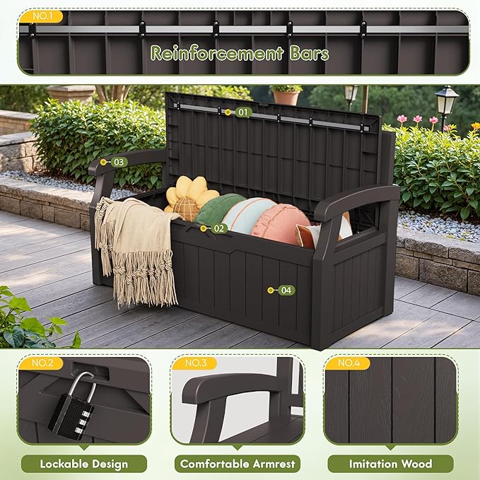 Greesum 80 Gallon Storage Bench Outdoor Deck Box with Armrest, Patio Furniture,Lockable, Waterproof and UV Resistant, Suitable for Garden, Pool, Brown-Ruum Studio Home