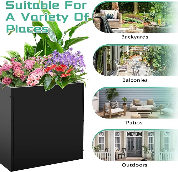 Metal Rectangular Planter Box, Small Planter Boxes Outdoor, 18''L x 18''W x 20''H Heavy Duty Plant Box with Removable Insert Shelf, 3 Tier Adjustable Height Tall Garden Planter for Plants, Flowers-Ruum Studio Home