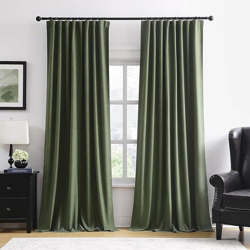 102 Inch Long Linen Blended Blackout Curtains 2 Panels, Back Tab Pleated Look Drapes for Track System with Hooks, Noise Reducing Country Blackout Winodw Curtains 50x102-Loden/Olive Green-Ruum Studio Home