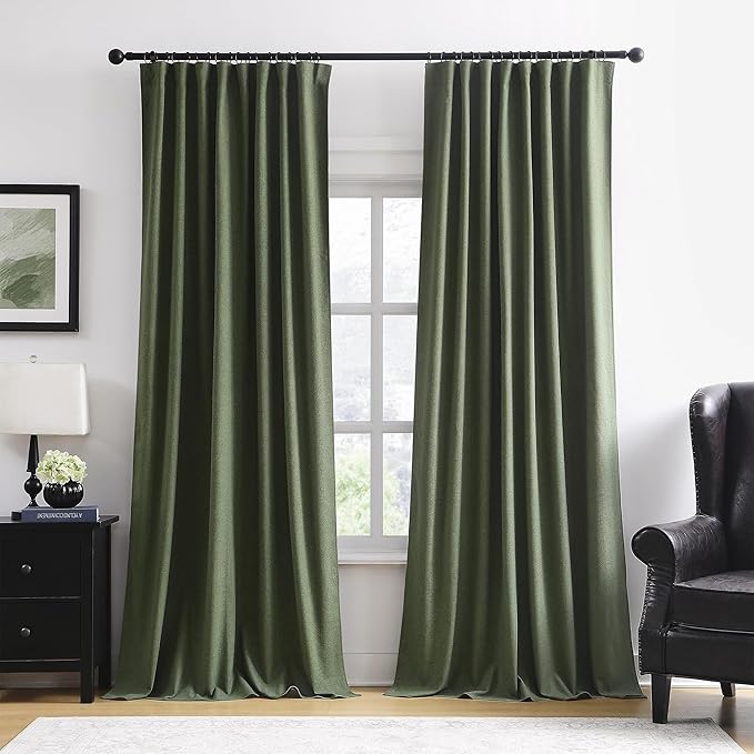 RAIN CITY Extra Wide Linen Blackout Curtains & Drapes with Hooks 70 in Width for 60&72 Inch Window 2 Panels,Back Tab Pleated Curtains for Track System Sliding Glass Door 70x102,Loden Olive Green-Ruum Studio Home
