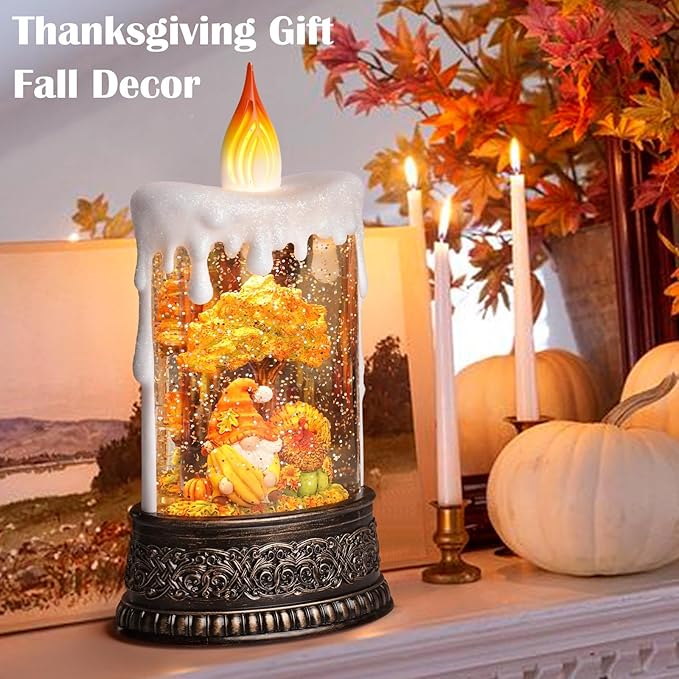 Fall Snow Globe Candle Fall Decorations for Home with Timer Gnome Turkey Pumpkin Autumn Harvest Fall Decor Indoor 9.7 inch-Ruum Studio Home