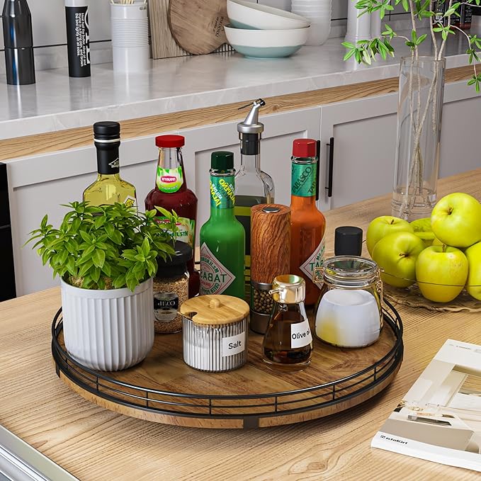 Farmhouse Oak 16" Lazy Susan Turntable Organizer for Cabinet, Round Wooden Lazy Susan Organization and Storage for Dining Table, Pantry, Kitchen, Countertop, Cupboard,Home Decor, Walnut Wood (16")-Ruum Studio Home