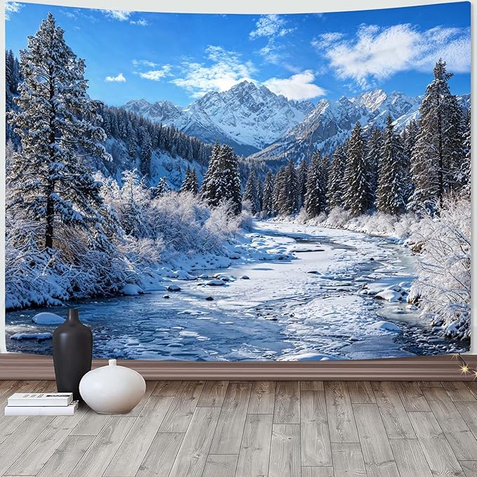 AMM Winter Forest Snow Mountain Tapestry Snowy Pine Tree Woodland Tapestry for Bedroom Aesthetic White Clouds Flowing River Landscape Tapestries Wall Hanging for Living Room Dorm Office 90 x 68 Inch-Ruum Studio Home
