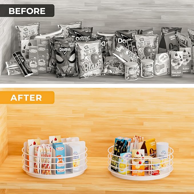 Snack Organizer - Versatile Snack Storage, Lazy Susan with Convenient Grab-and-Go Design, Metal Snack Holder for Home, Office, Breakroom, 10.85" L x 10.85" W x 5" H (White)-Ruum Studio Home